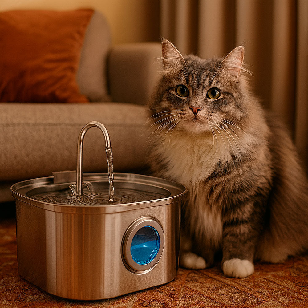 Square Pet Fountain with Faucet Spout and Round Window
